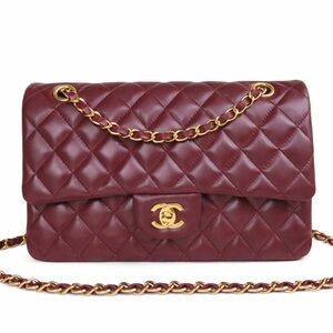 (MINT)Authentic Chanel Vintage Classic Double Flap Bag Burgundy Lambskin Gold HW